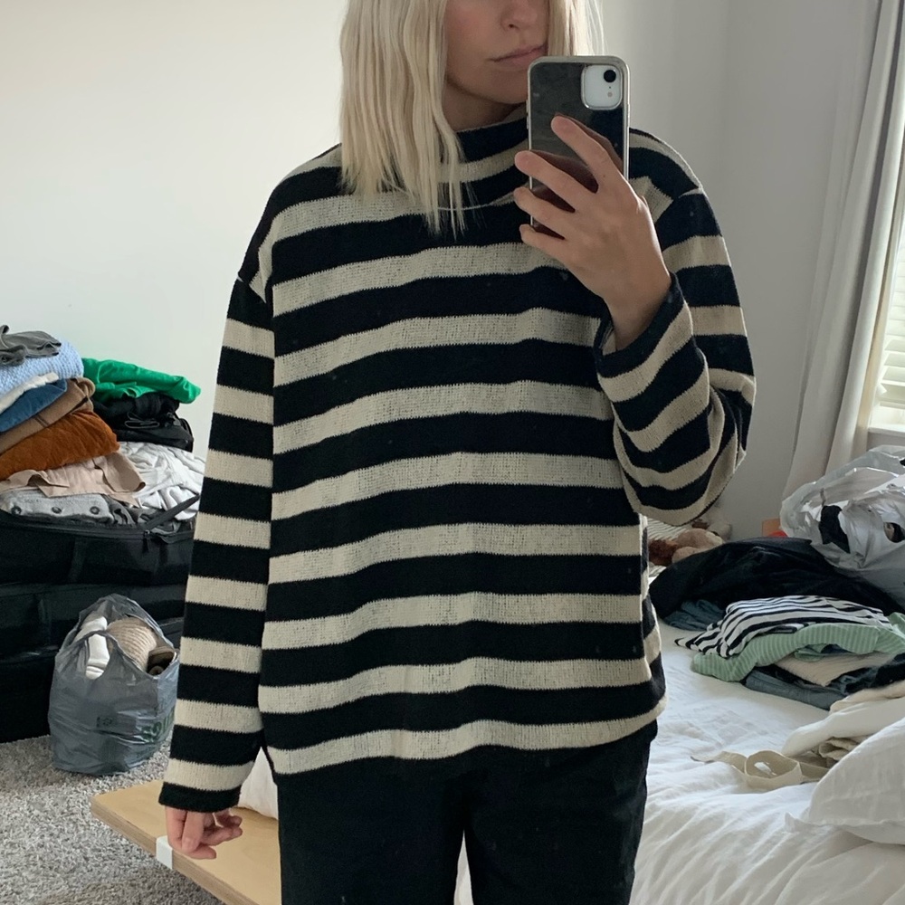 Zara Black and Cream Striped Turtleneck Sweater
